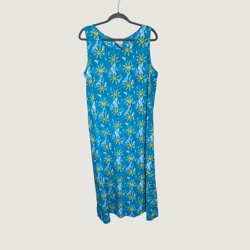 Vintage Jennifer Moore Tropical Sun Print Rayon Maxi Dress Blue Yellow Large